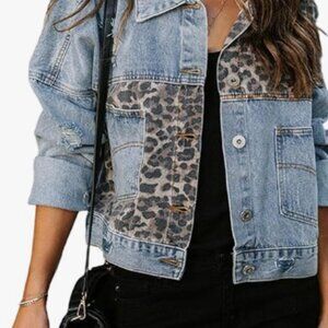 Leopard Splicing Denim Jacket-Loose Fit
